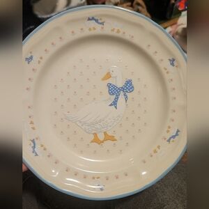 Vintage 1980’s Country Goose Blue Bow Salad Plates Brick Oven Stoneware Set Of 5